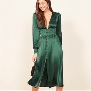 Reformation Nicola Green Silk Dress